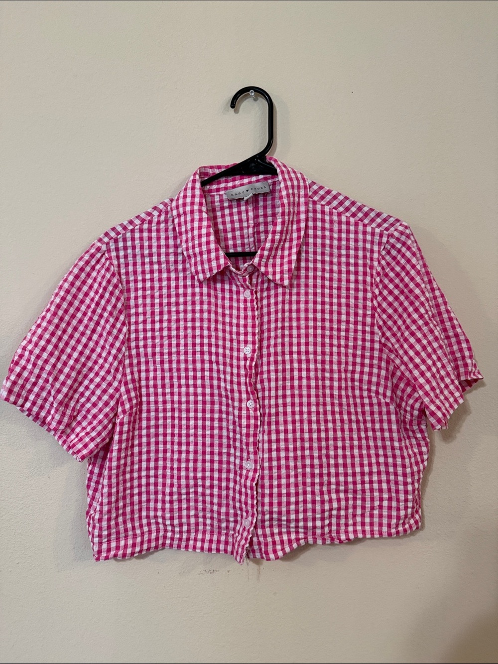 Cropped Pink Gingham Button-Down Shirt